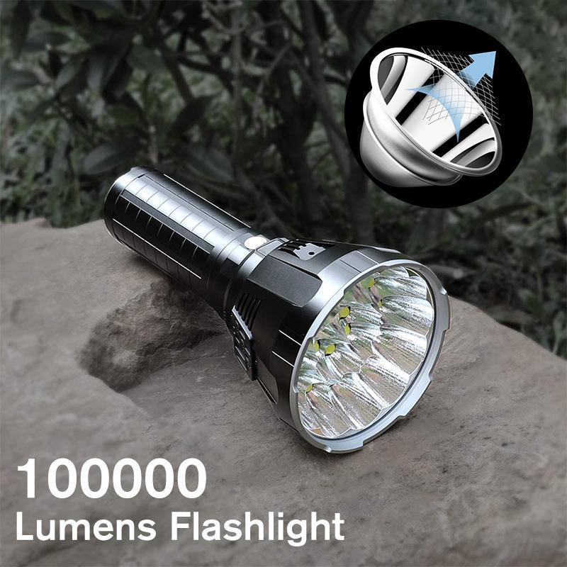 Black, high-power LED flashlight with a large multi-bulb head on a rock, featuring an inset light-beam diagram.