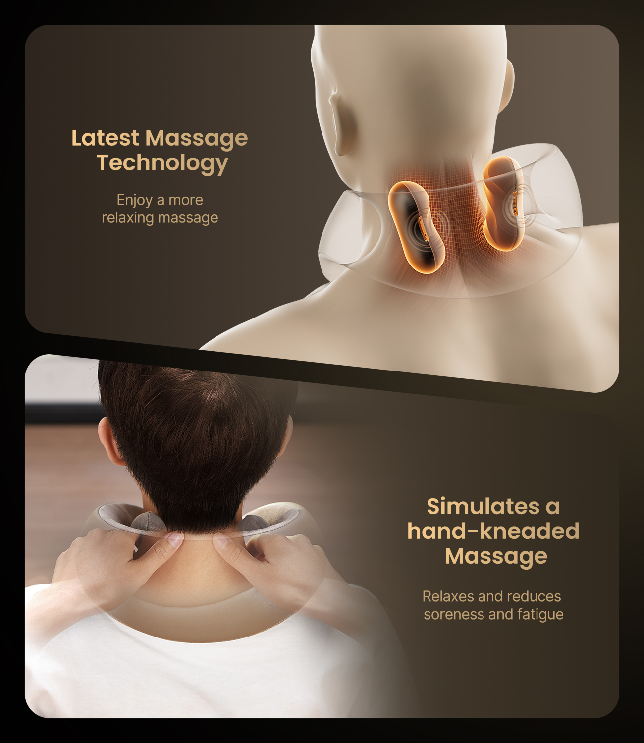 Fitlybuy U-Neck mini massager with glowing heat therapy pads worn around the neck for a soothing hand-kneaded massage.