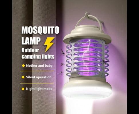 Fitlybuy white mosquito bug zapper with purple electric grid light, hanging in a room, features silent night light mode.