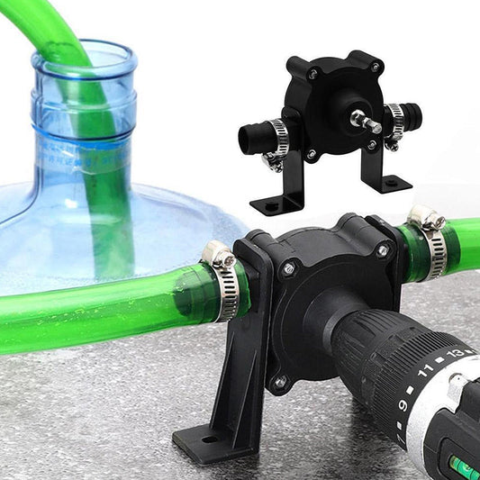 Fitlybuy black drill-powered transfer pump with green hoses, shown in isolation and connected to a drill.