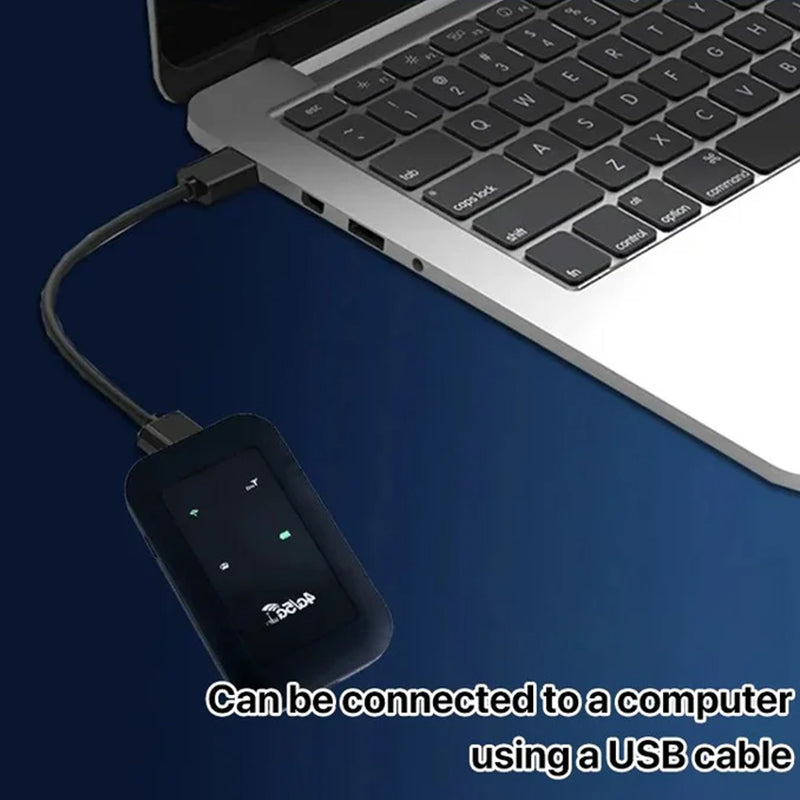 Fitlybuy WiFi Pro black portable signal booster connected to a laptop via USB cable on a dark blue background.