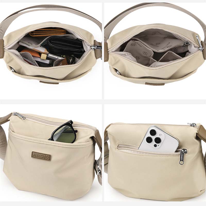 Beige Fitlybuy waterproof crossbody bag showing internal compartments, organized pockets, and exterior zippered storage.