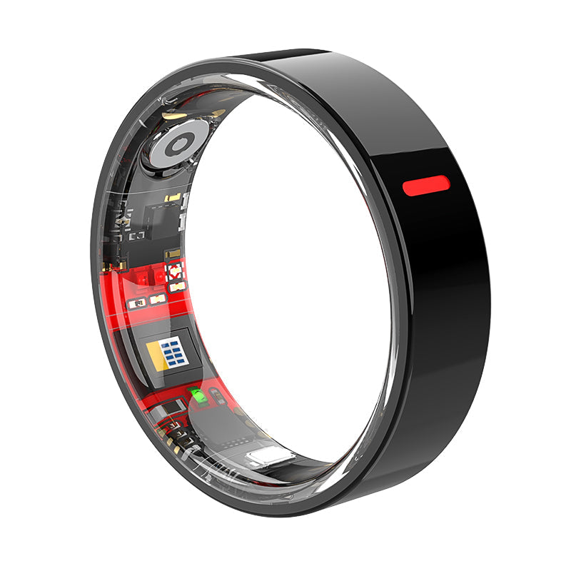 Fitlybuy Kexi-Life R03 black smart ring featuring a red internal circuit board with visible health sensor components.