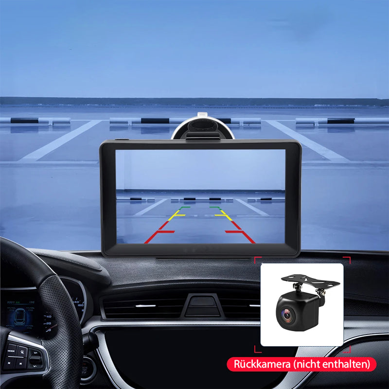 Fitlybuy 7-inch truck GPS mounted on a car dashboard showing a rearview camera parking grid display.
