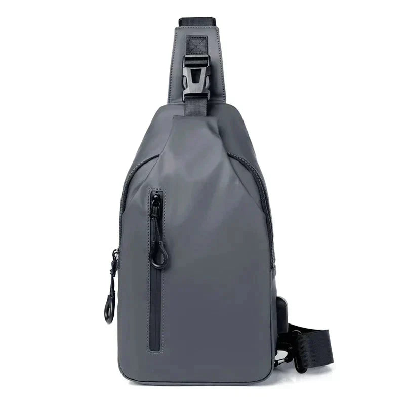 Grey Fitlybuy waterproof anti-theft crossbody bag with SecureLock buckle, front zipper pocket, and adjustable strap.