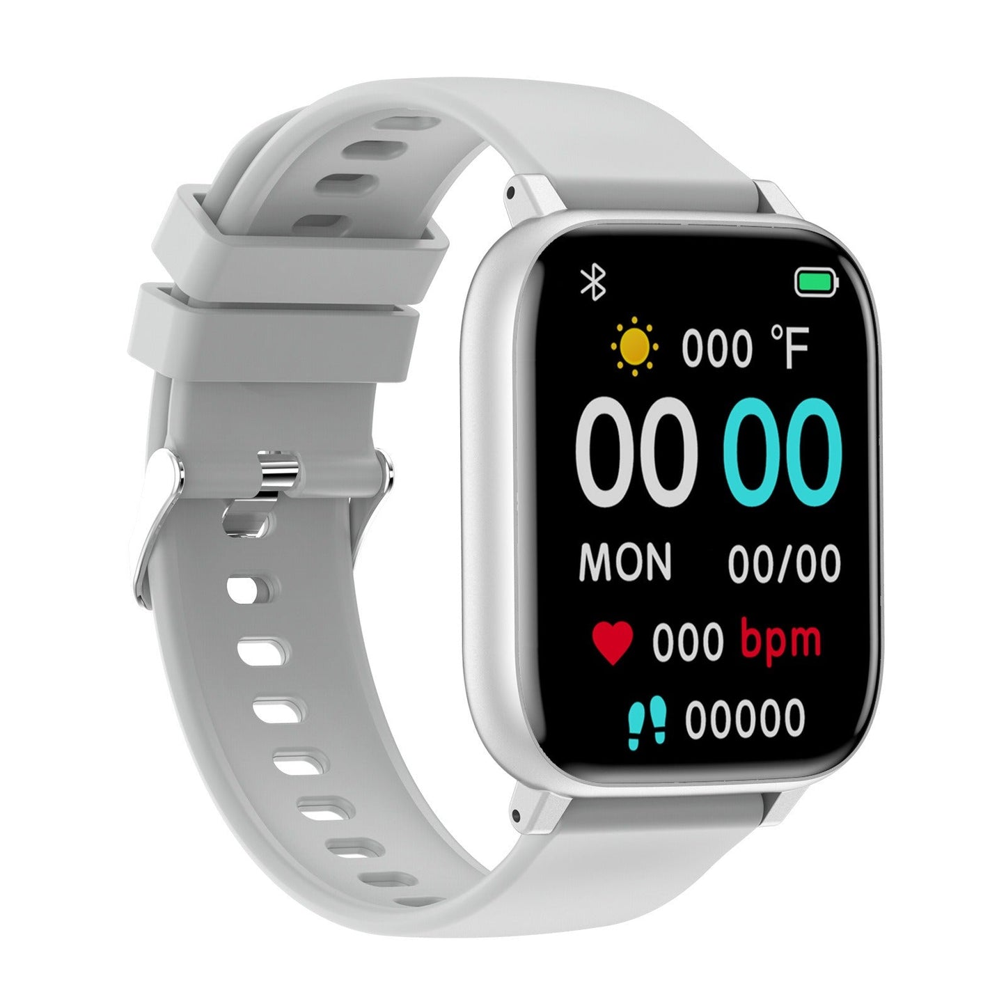 Fitlybuy Kexi-Life silver smartwatch with light gray strap, heart rate, and digital display on a white background.