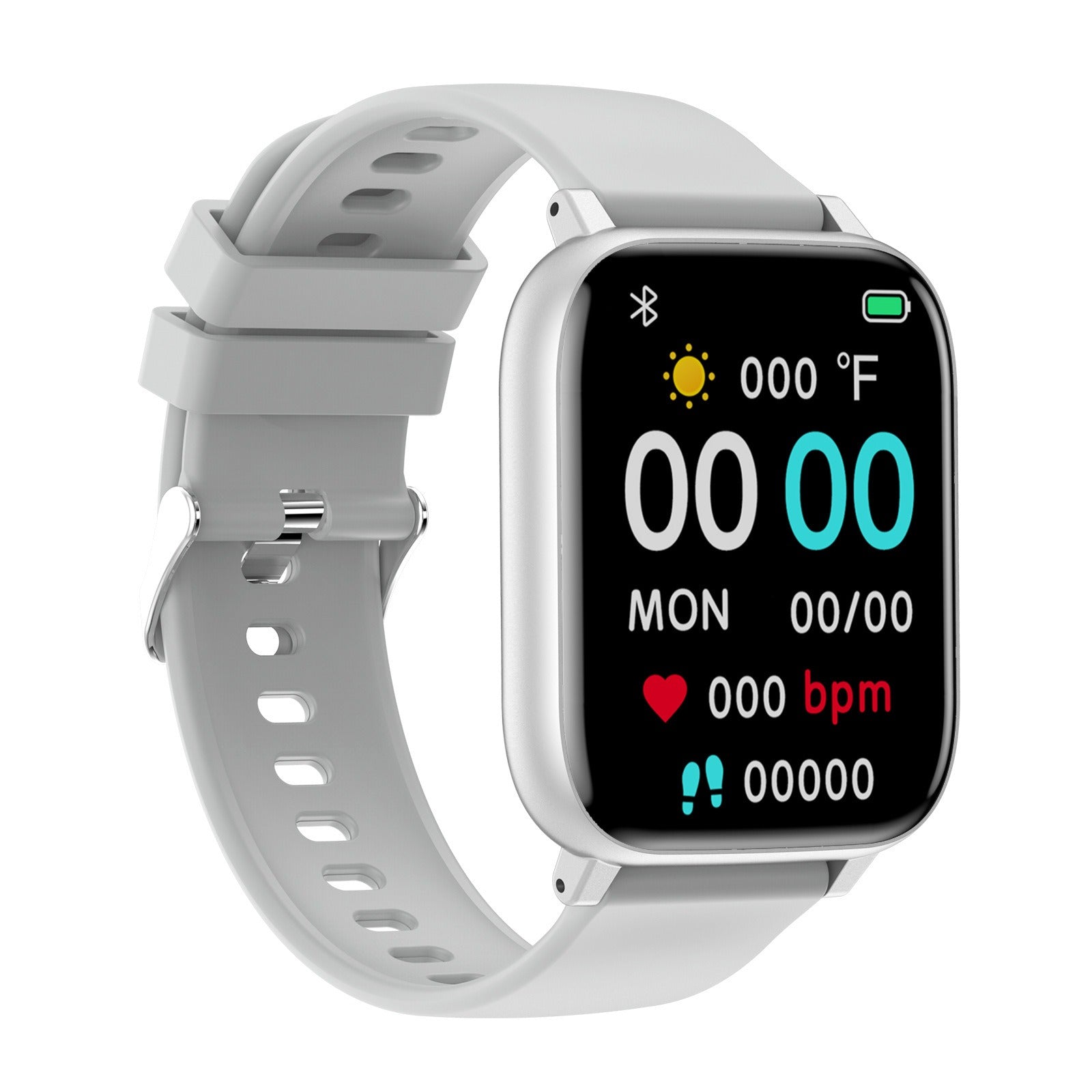 Fitlybuy Kexi-Life silver smartwatch with light gray strap, heart rate, and digital display on a white background.