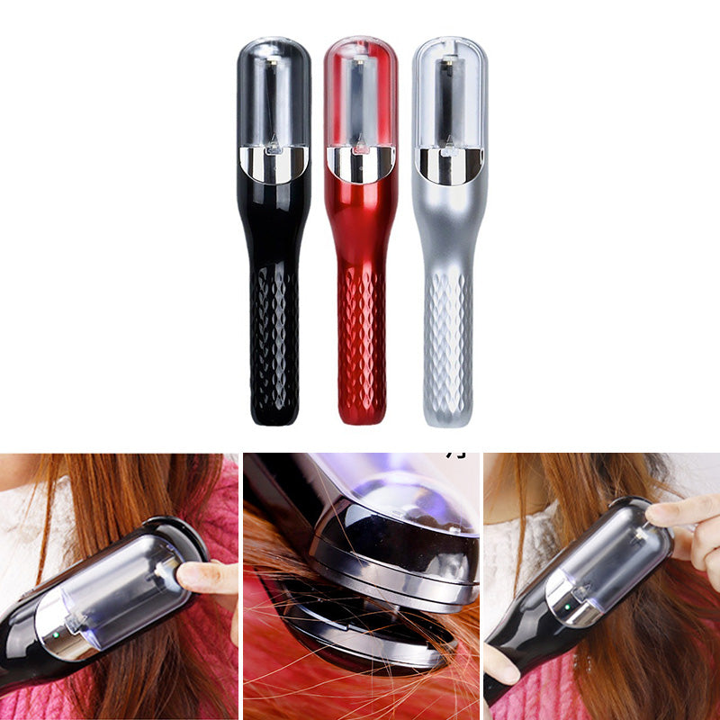 Fitlybuy black, red, and silver split-end hair trimmers with precision trim technology shown in use on long hair.
