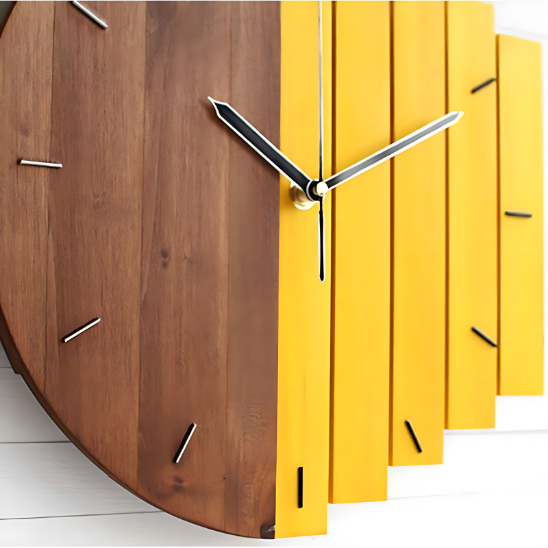 Fitlybuy ClarityTime wall clock: A minimalist, silent timepiece with a split brown wood and bright yellow vertical design.