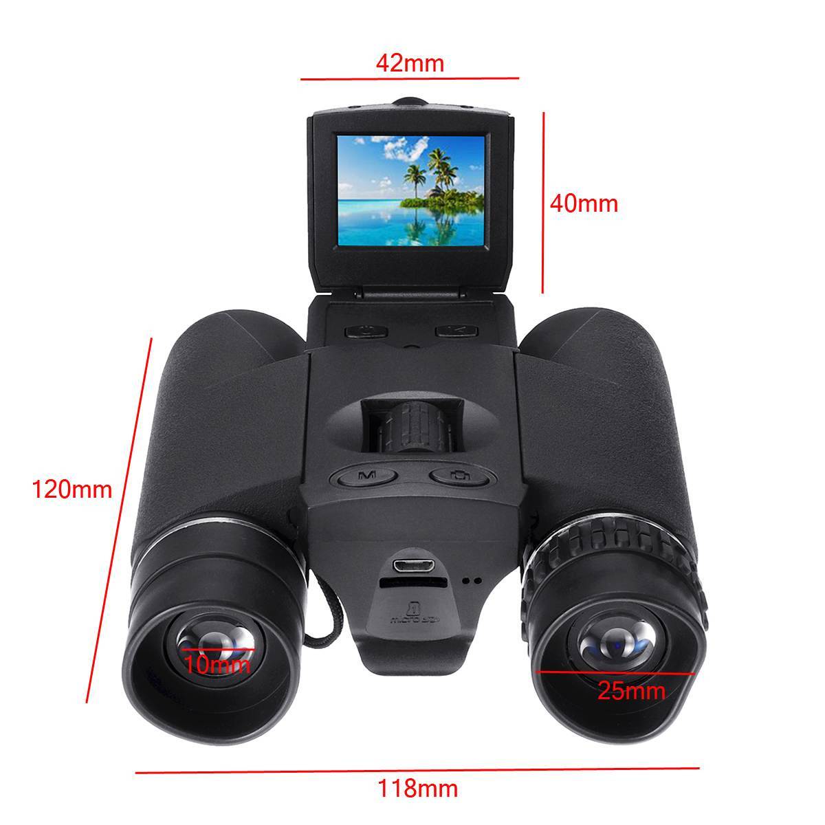 Black Fitlybuy binoculars with 10x zoom, built-in camera, flip-up LCD screen, and labeled technical dimensions.