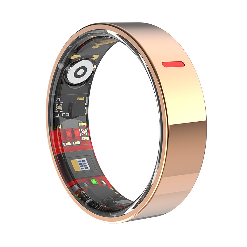 Fitlybuy Kexi-Life R03 rose gold smart ring showing internal biometric sensors and electronic components.