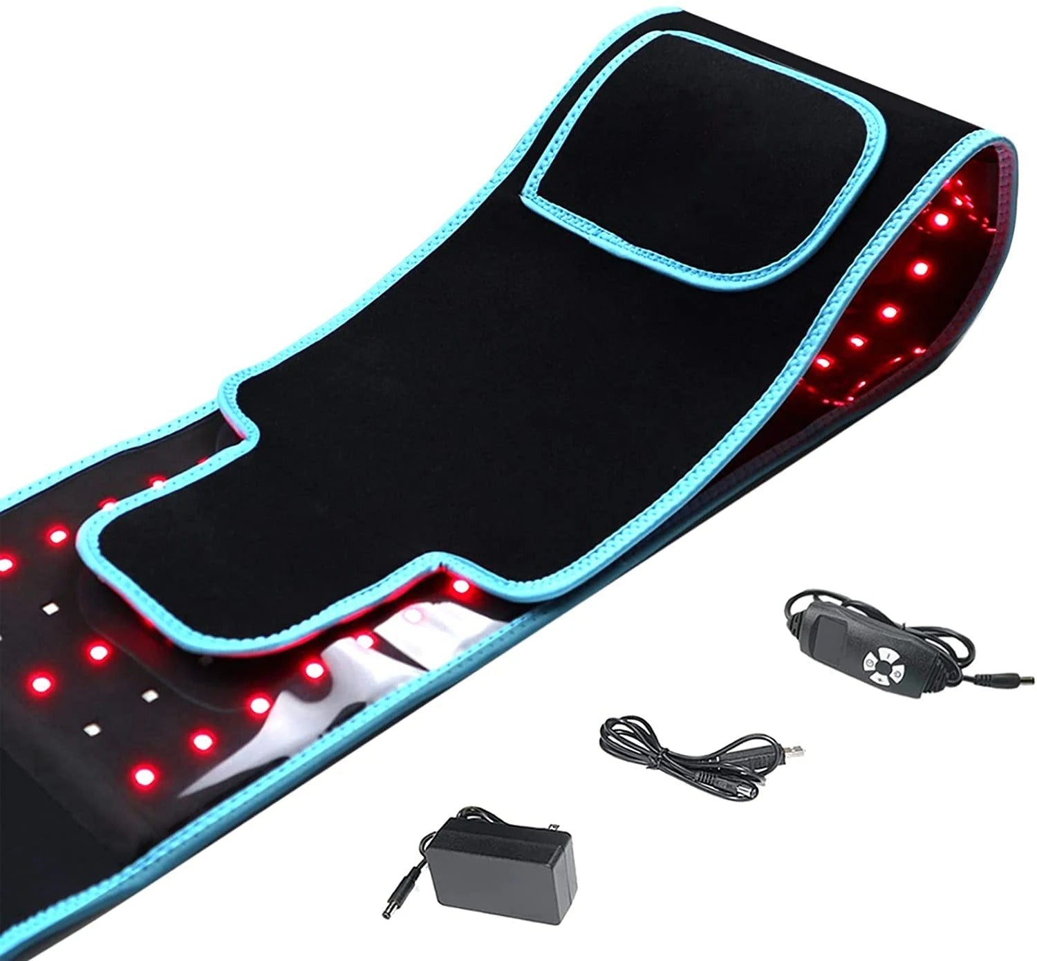 Fitlybuy black and blue red light therapy slimming belt with infrared LEDs, controller, and charging accessories.