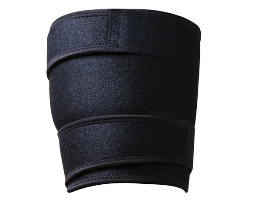 Black Fitlybuy thigh brace support and hamstring wrap with adjustable compression straps on a white background.