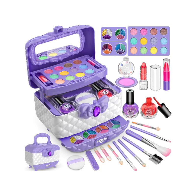 Fitlybuy purple and white kids' makeup vanity case with eyeshadow, lipstick, nail polish, and brushes on white background.