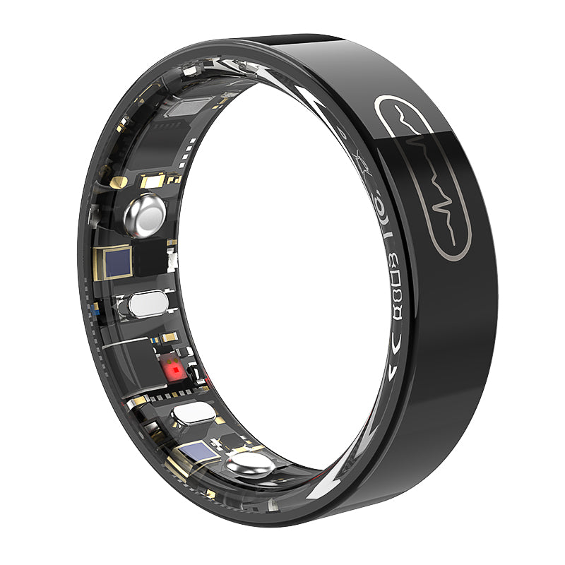 Black Kexi-Life R09 smart health ring showing internal ECG/blood pressure sensors and electronics on a white background.