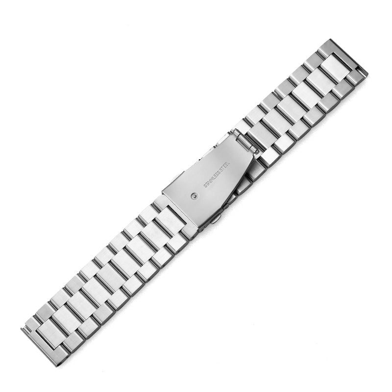 Silver stainless steel metal watch strap with a secure folding clasp and quick-release mechanism on a white background.