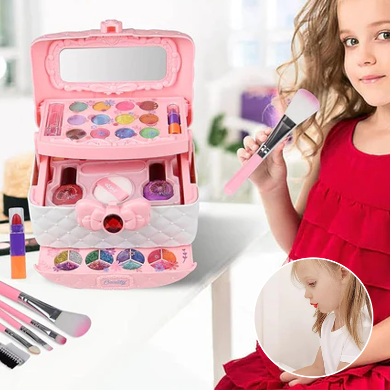 Girl using Fitlybuy pink makeup play set with vanity case, brushes, nail polish, and eyeshadows for pretend play.