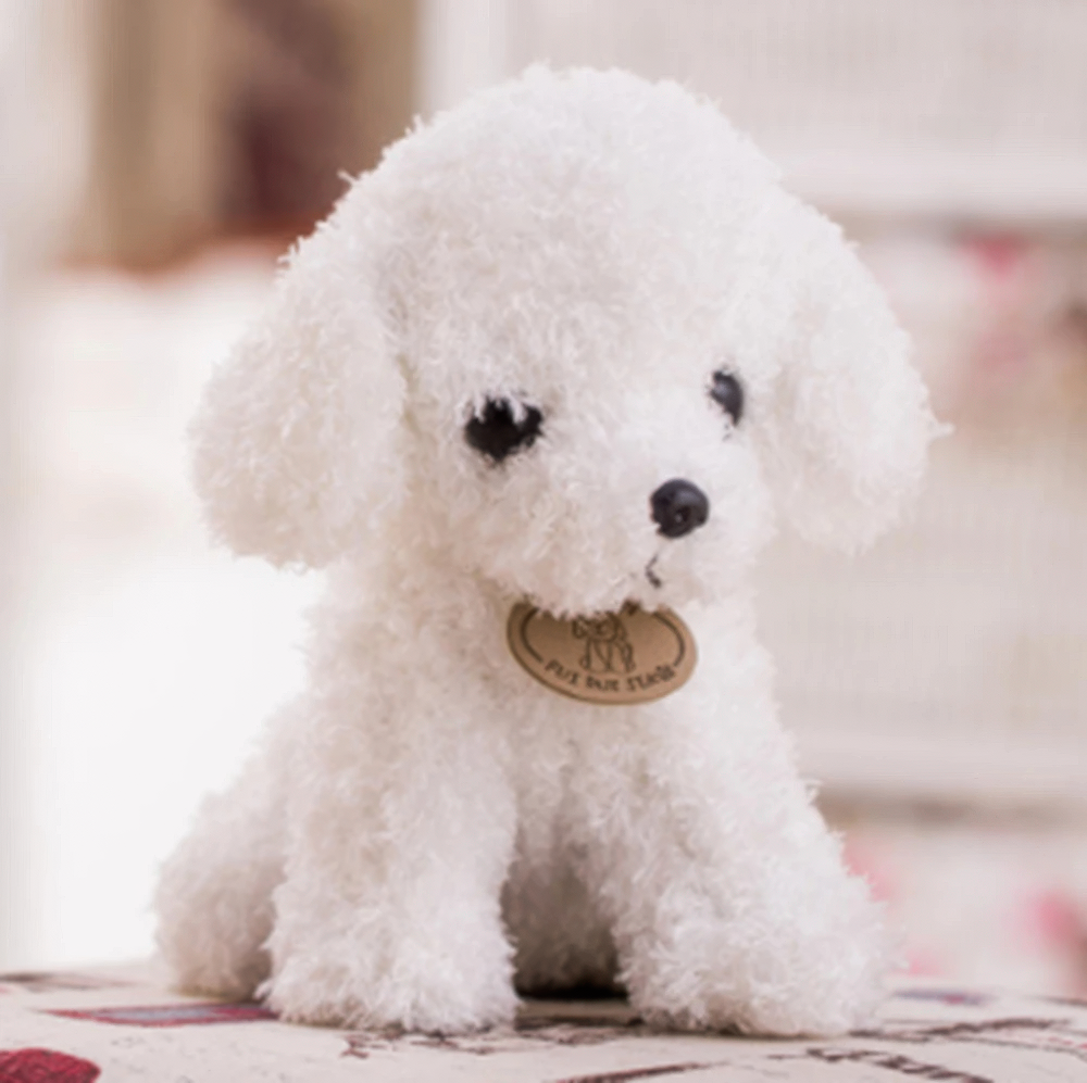 Fitlybuy white plush teddy dog toy with ultra-soft fabric, black eyes, and a small tag, sitting on a patterned surface.