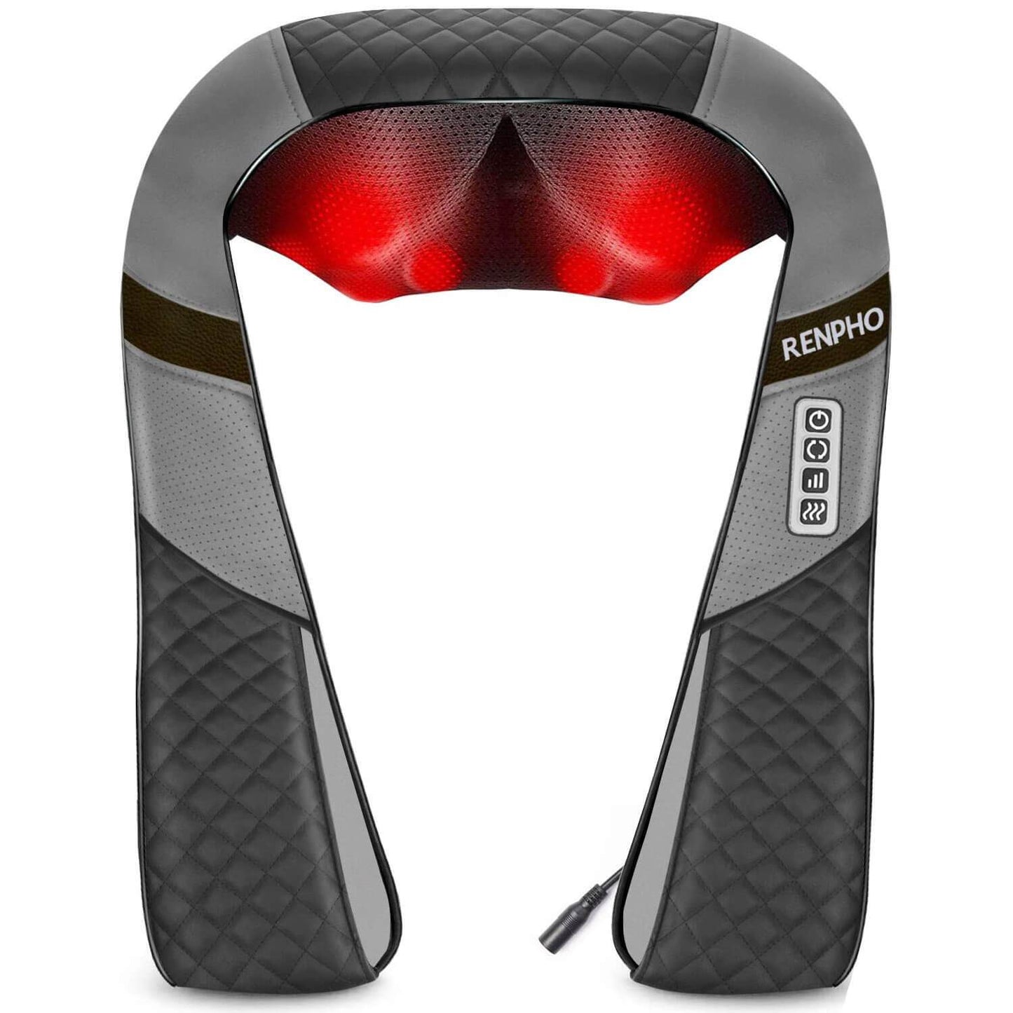 Gray and black U-shaped neck and shoulder massager with red heat therapy nodes and a built-in control panel.