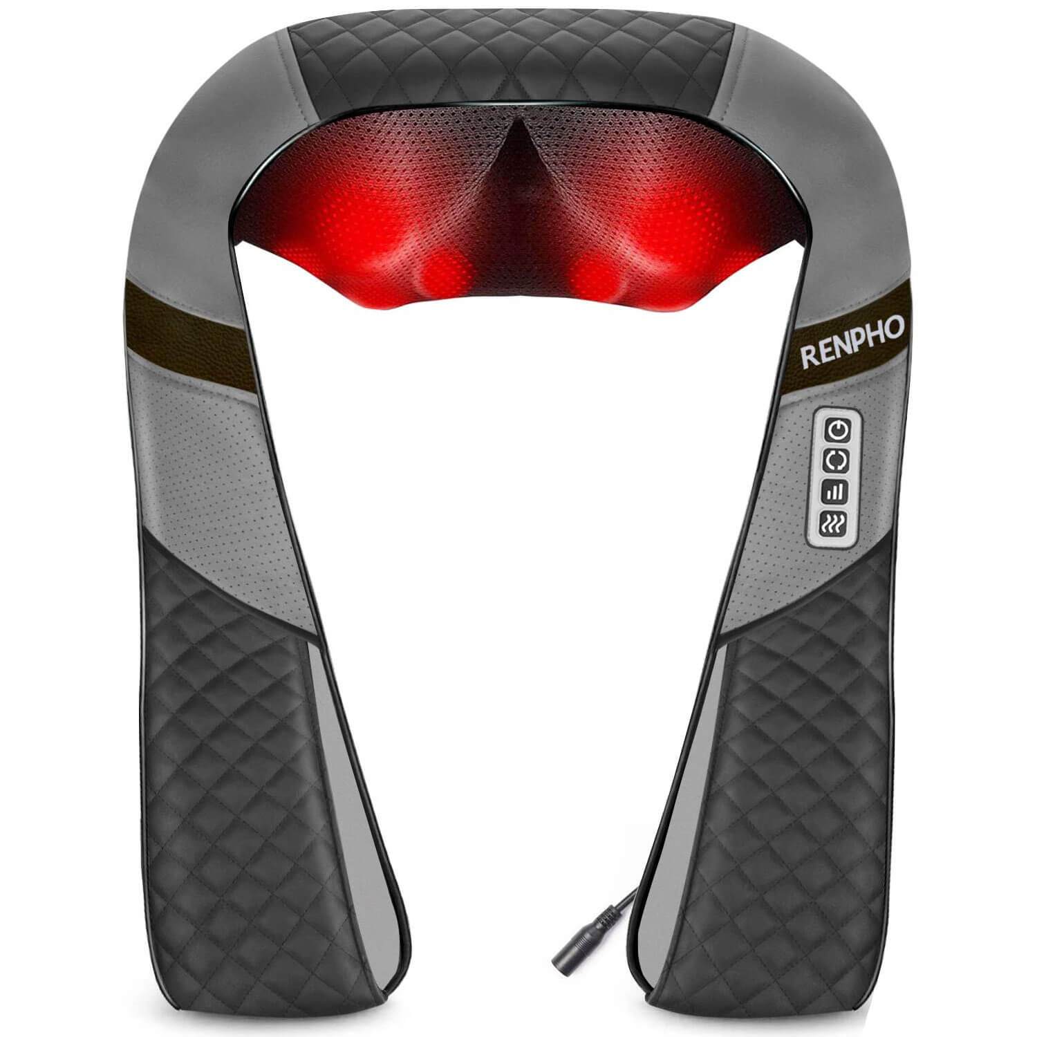 Gray and black U-shaped neck and shoulder massager with red heat therapy nodes and a built-in control panel.