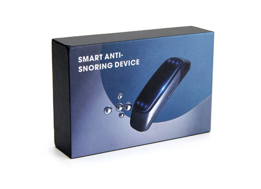 Fitlybuy smart anti-snoring device in its blue retail packaging, featuring a sleek black electronic sleep aid.