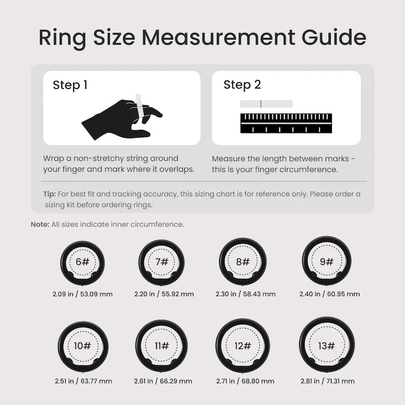 Fitlybuy LYNX Smart Ring sizing guide showing measurement steps and a chart for sizes 6 through 13.