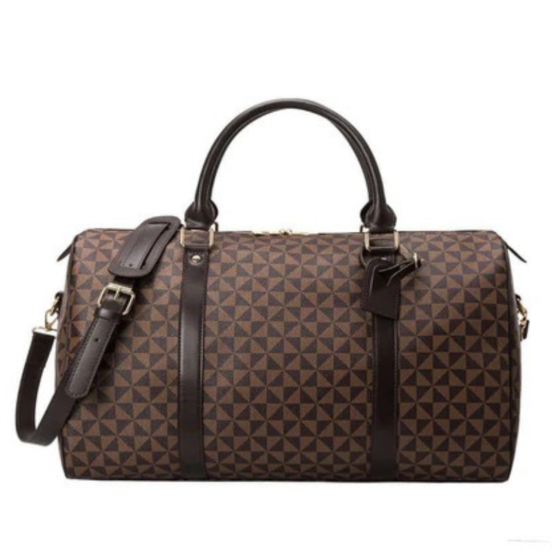 Fitlybuy brown geometric-pattern leather duffle travel bag with dark brown handles, shoulder strap, and gold hardware.