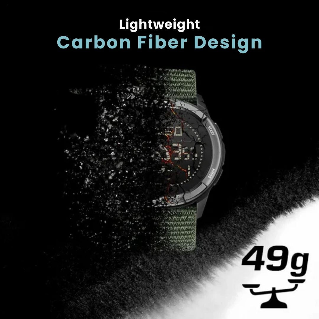 Fitlybuy carbon fiber outdoor watch with olive green strap, digital display, and 49g ultra-lightweight design.