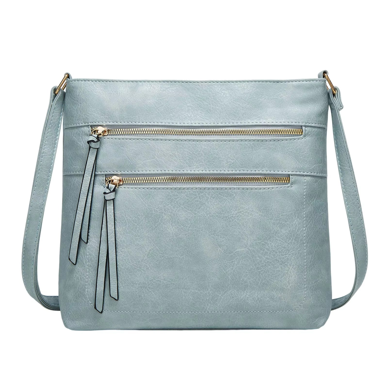 Fitlybuy Nina light blue genuine leather crossbody bag with an elegant compact design and gold zippered pockets.