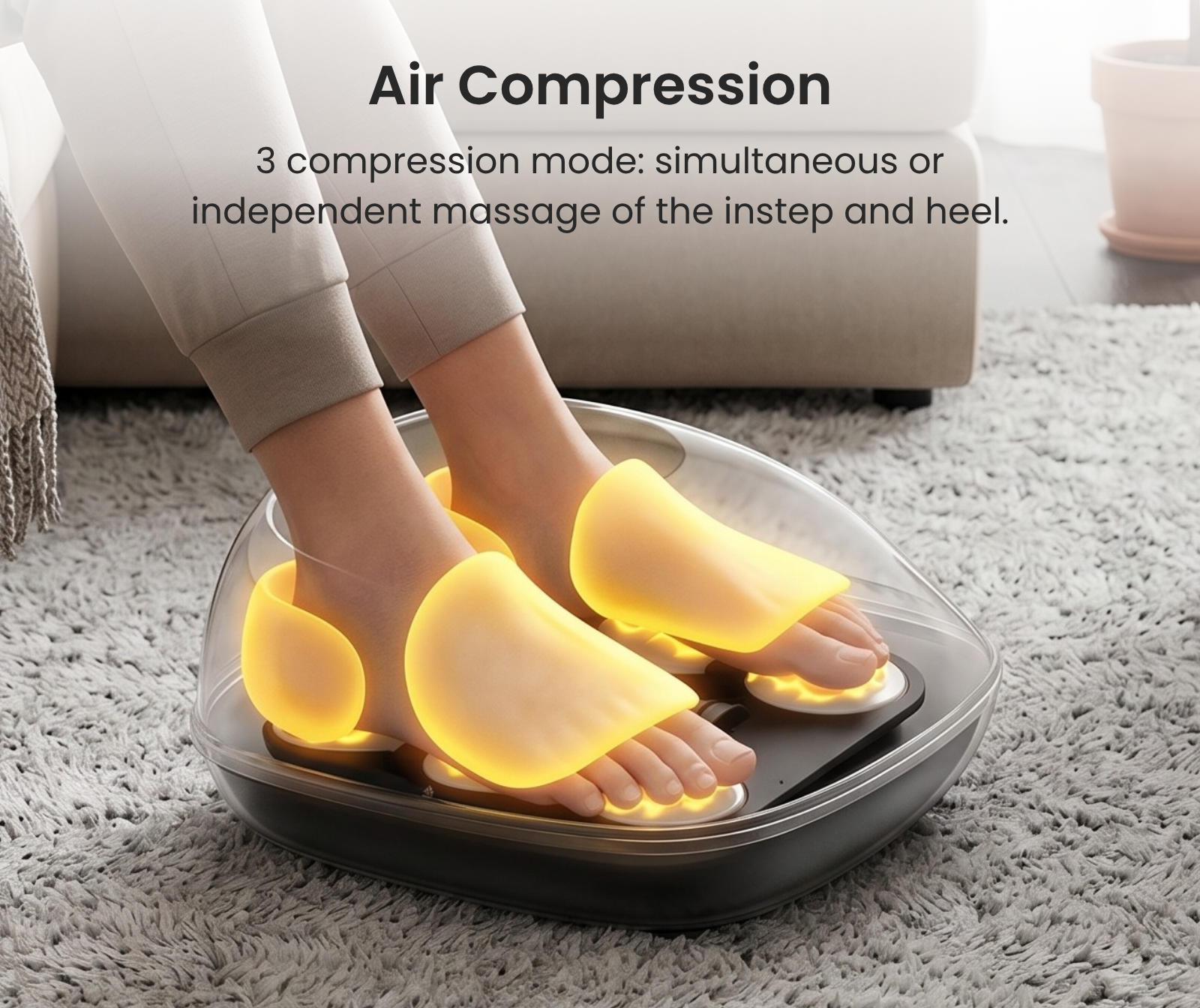 Fitlybuy Solheel massager showing yellow-glowing air compression pockets massaging feet in a clear, modern basin.