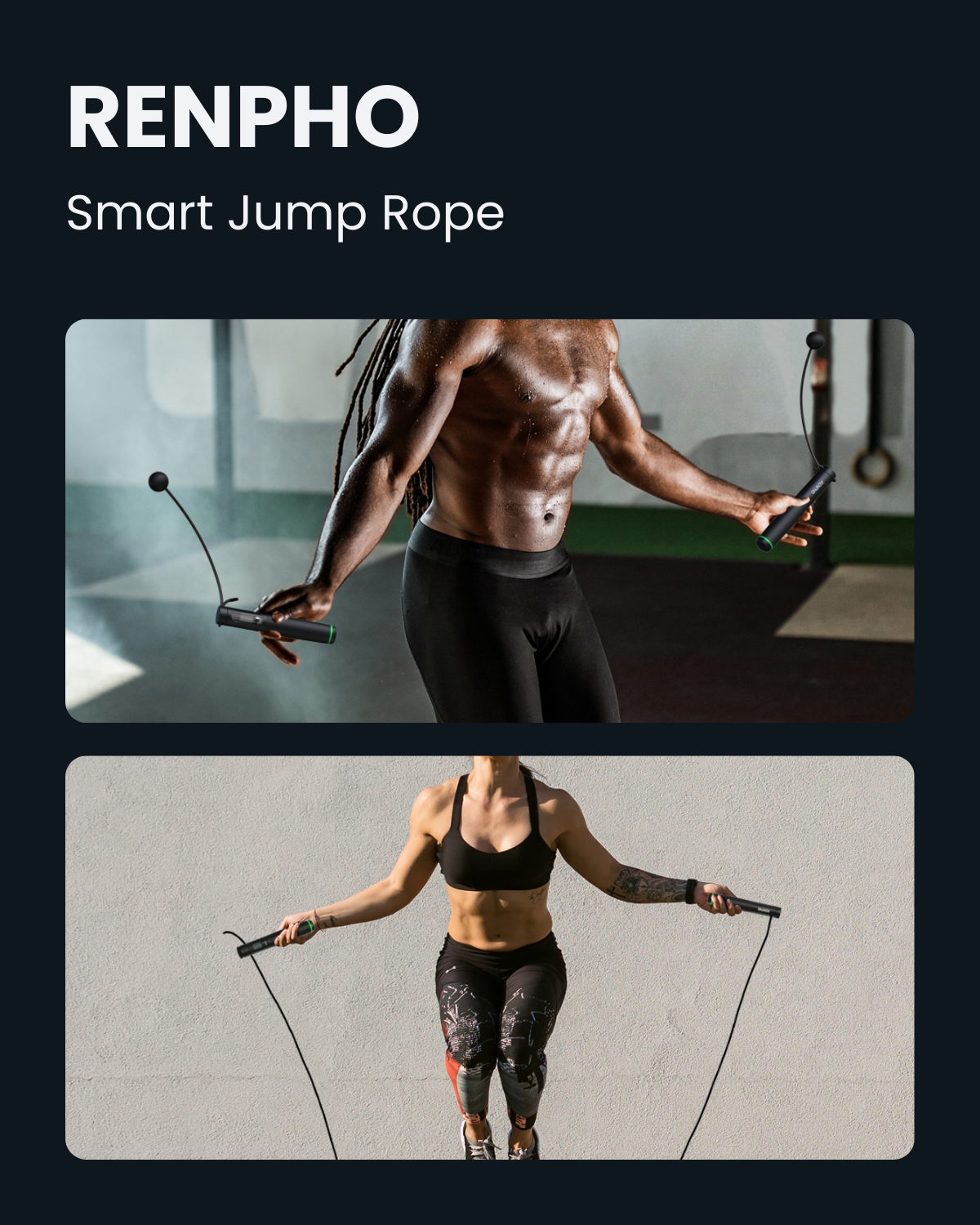Athletes using black Fitlybuy smart jump ropes with cordless balls and tracking handles in gym and outdoor settings.