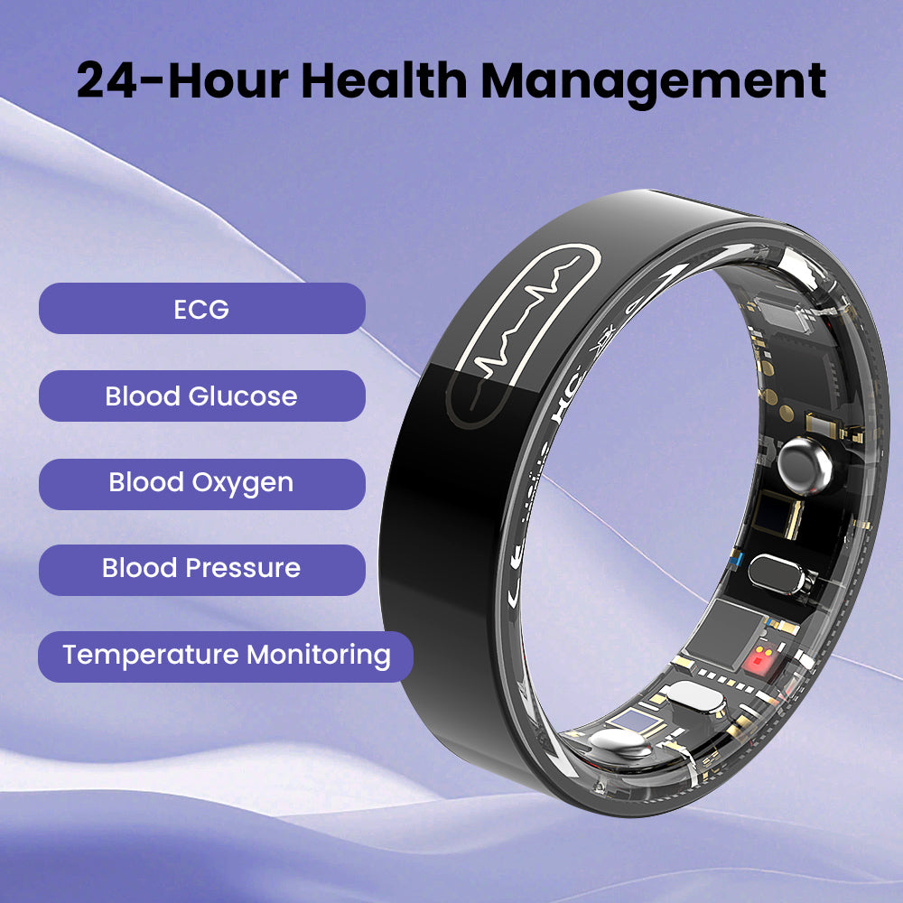 Black Kexi-Life R09 smart ring showing internal sensors and a list of health features like ECG and blood glucose.
