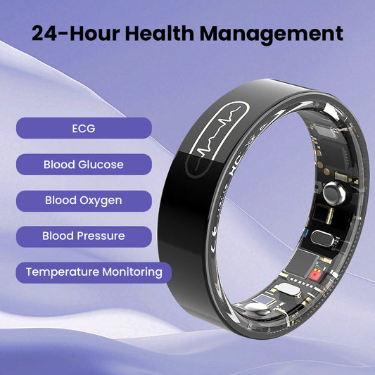 Black Kexi-Life R09 smart ring showing internal sensors and a list of health features like ECG and blood glucose.