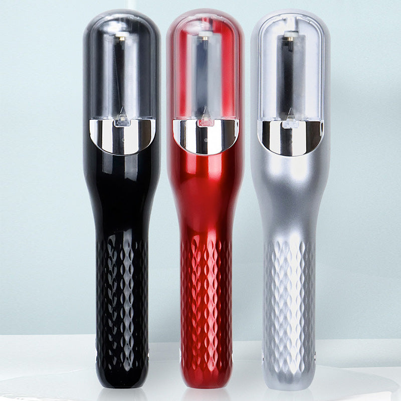 Three Fitlybuy split-end hair trimmers in black, red, and silver with textured handles and clear trim-tech heads.