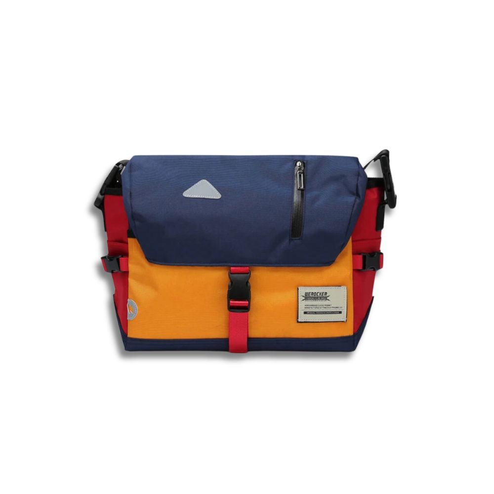 Fitlybuy multi-colored water-resistant messenger bag featuring blue, orange, red panels, buckle closure, and side straps.