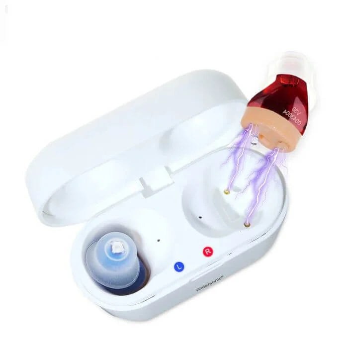 Fitlybuy rechargeable hearing aid with a red casing, sitting above its open white charging case against a white background.