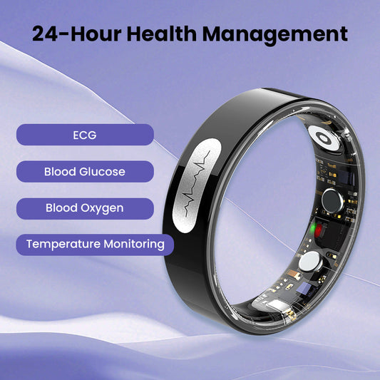 Black Kexi-Life R08 smart health ring featuring ECG, blood glucose, oxygen, and temperature monitoring sensors.
