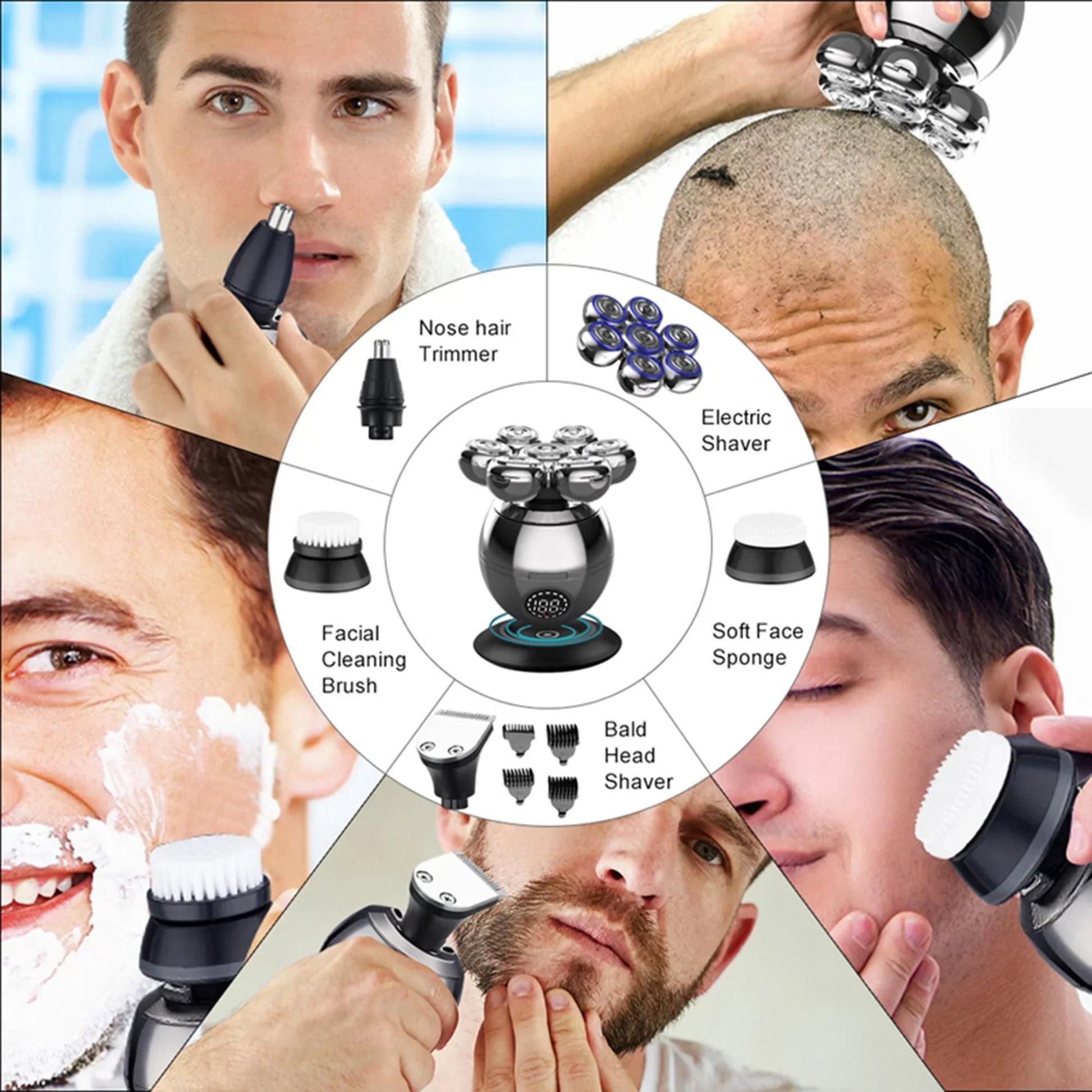 Fitlybuy FlexiShave Pro 7D silver electric razor kit with heads for grooming, nose trimming, and facial cleaning.