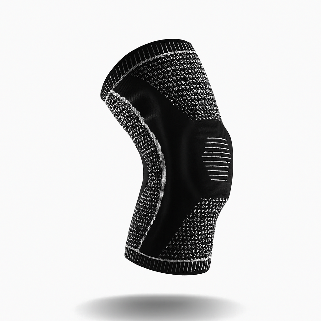 Fitlybuy black compression knee brace with textured knit fabric, knee cap pad, and side stabilization against white.