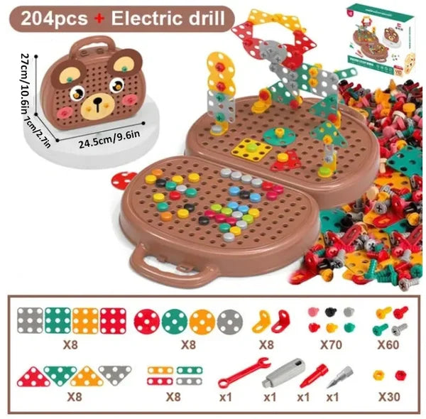 Fitlybuy 204pc bear-themed Montessori STEM toy box with electric drill, colorful building pieces, and tool set.