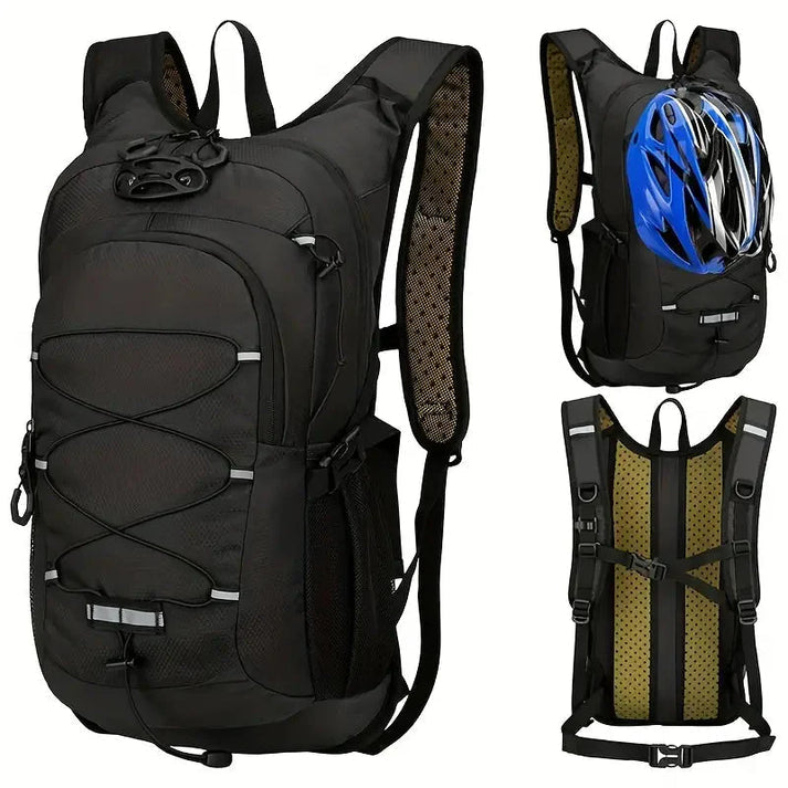 Fitlybuy waterproof black bike backpack with mesh back, bungee storage, and helmet attachment. Three-view product image.