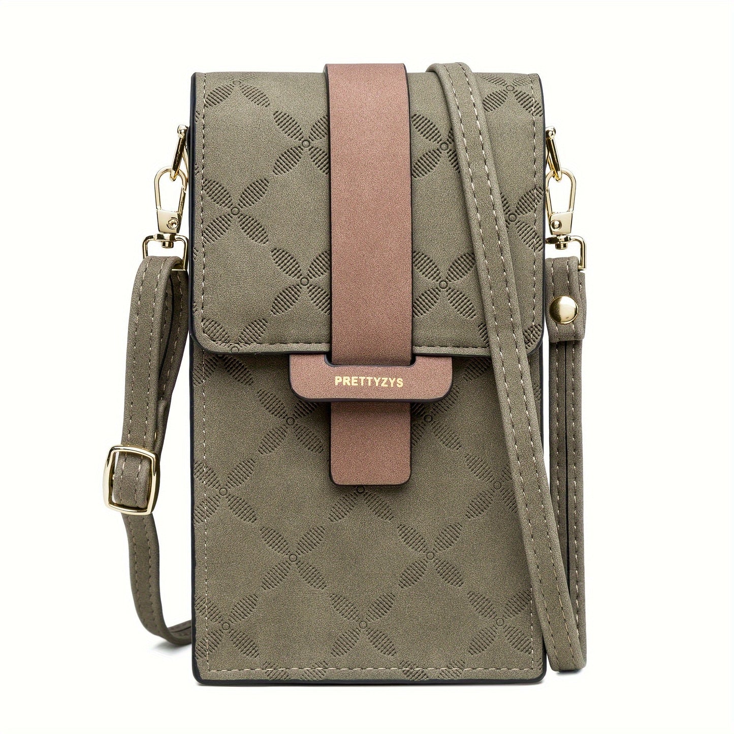 Olive green Fitlybuy Lily crossbody bag with patterned texture, pink strap, and SecureShield anti-theft design.