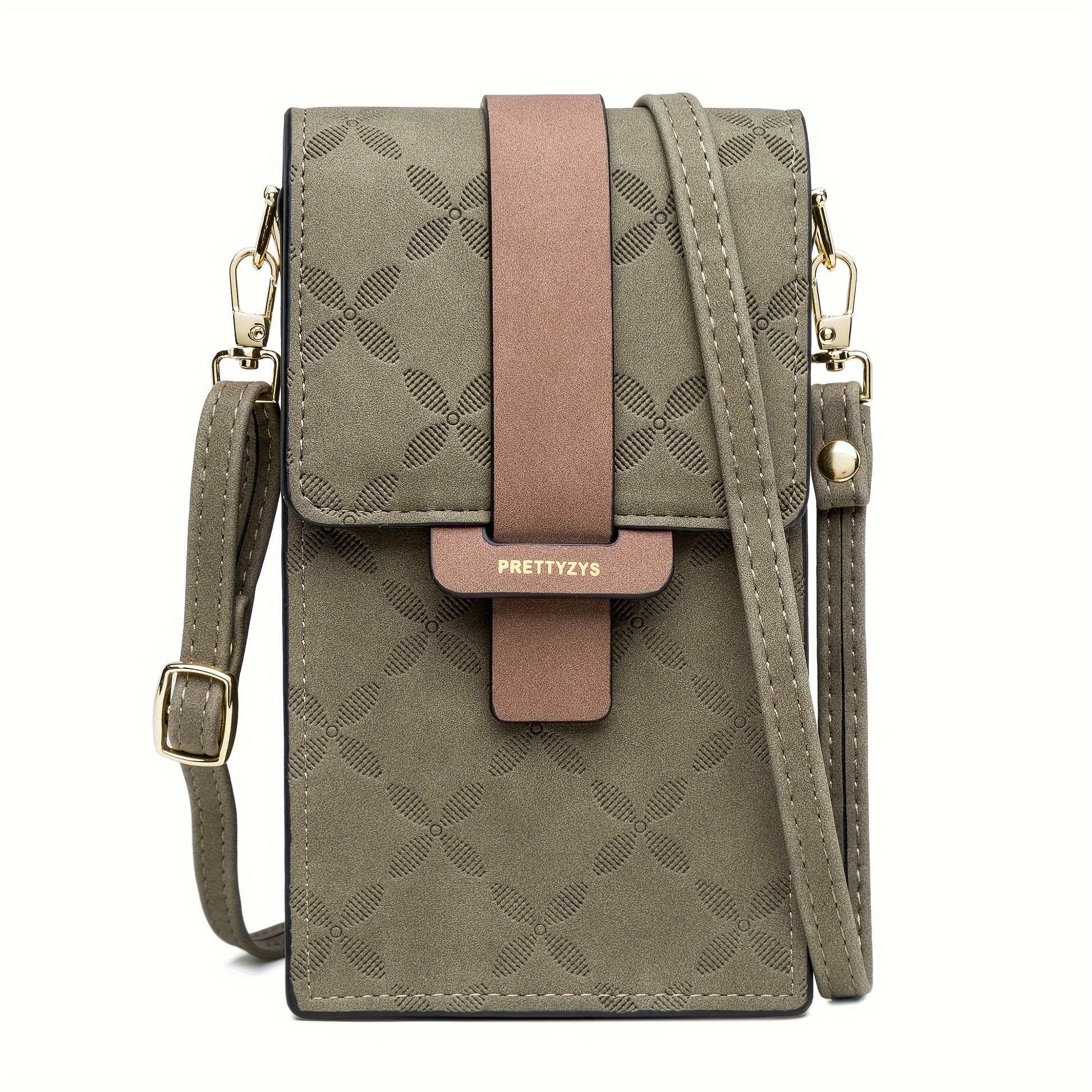 Olive green Fitlybuy Lily crossbody bag with patterned texture, pink strap, and SecureShield anti-theft design.
