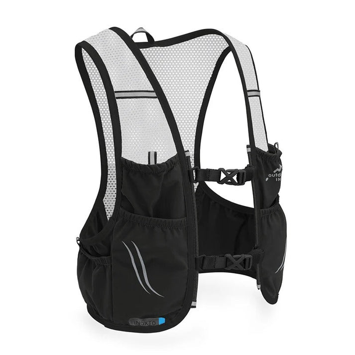Fitlybuy black and white mesh trail running hydration vest with adjustable chest buckles and dual front bottle pockets.