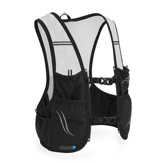 Fitlybuy black and white mesh trail running hydration vest with adjustable chest buckles and dual front bottle pockets.