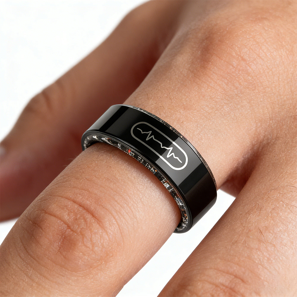 Fitlybuy Kexi-Life R09 smart ring in black with an ECG heartbeat icon, worn on a finger for health monitoring.