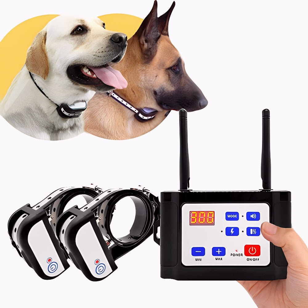 Fitlybuy wireless dog fence set with two black/white collars and a handheld transmitter with digital display and buttons.