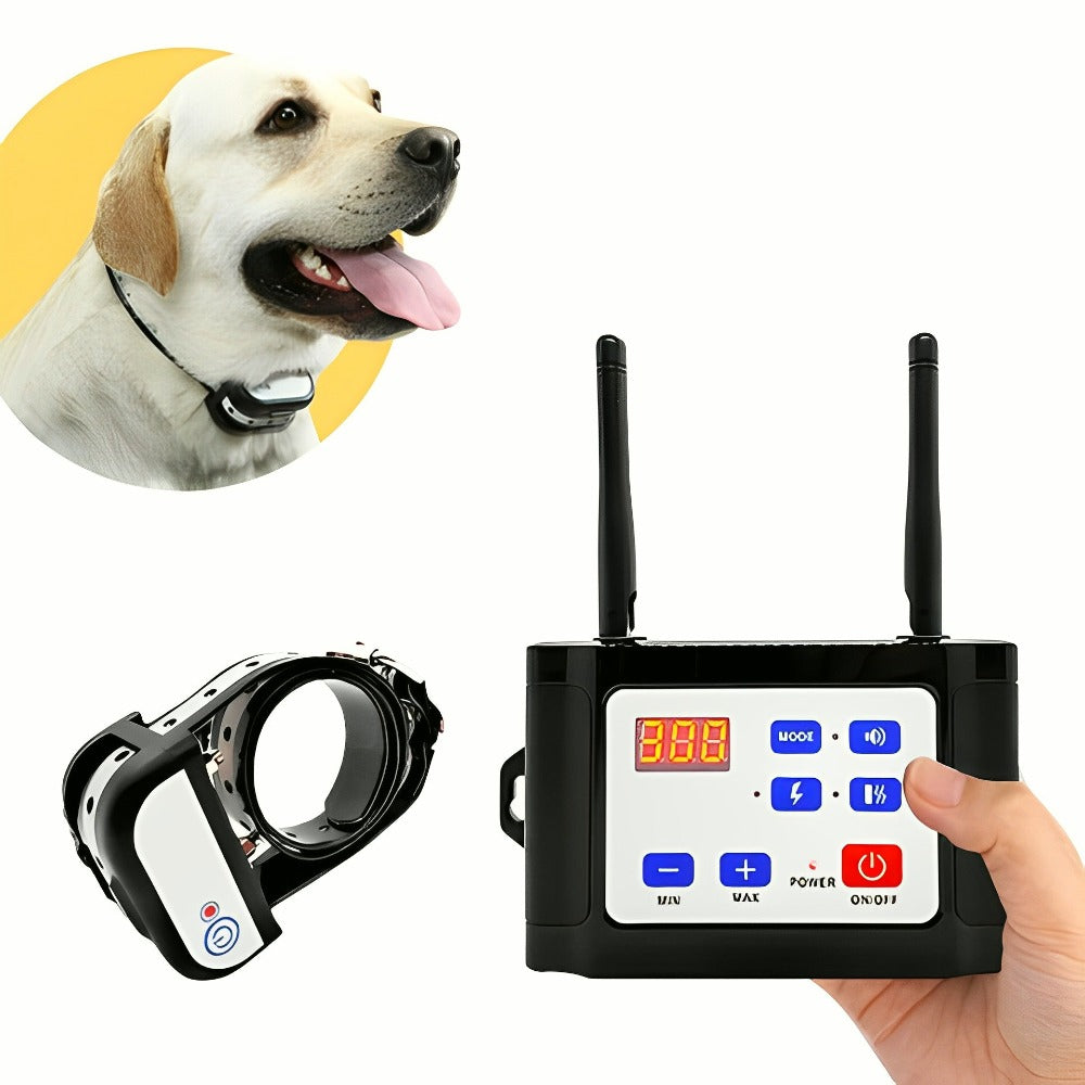 Fitlybuy wireless dog fence system with black transmitter, receiver collar, and a Labrador wearing the training device.
