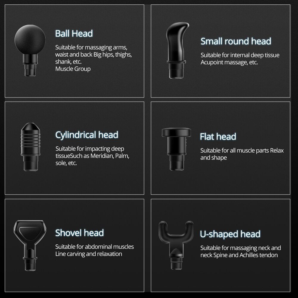 Six black interchangeable heads for Fitlybuy ProMassage X1, labeled with their specific body massage uses.