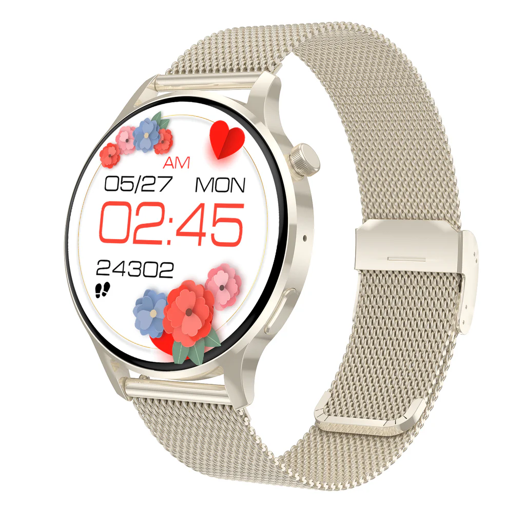 Fitlybuy Kexi-Life Watch 3 Pro: Champagne gold smartwatch with mesh strap and floral digital watch face.